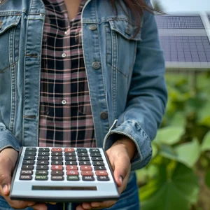 woman-holding-calculator-solar-panels-background-reduction-expenses-electricity woman-holding-calculator-solar-panels-background-reduction-expenses-electricity